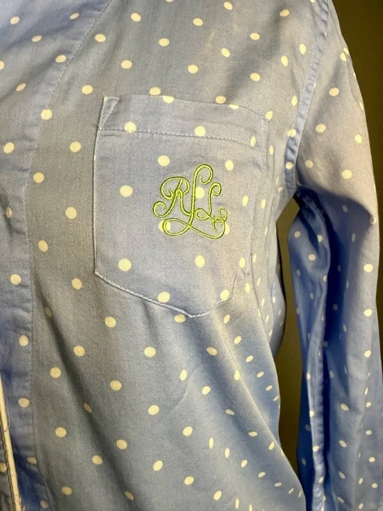 Lauren Ralph Lauren Polka Dot Pajama Top Women’s M Blue Cotton Button Down - Picture 12 of 13
